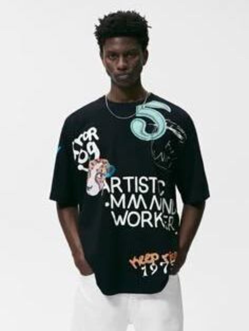 ZARA Men Artistic Mind Worker Black Graphic Oversized Tee 100% Cotton - Large